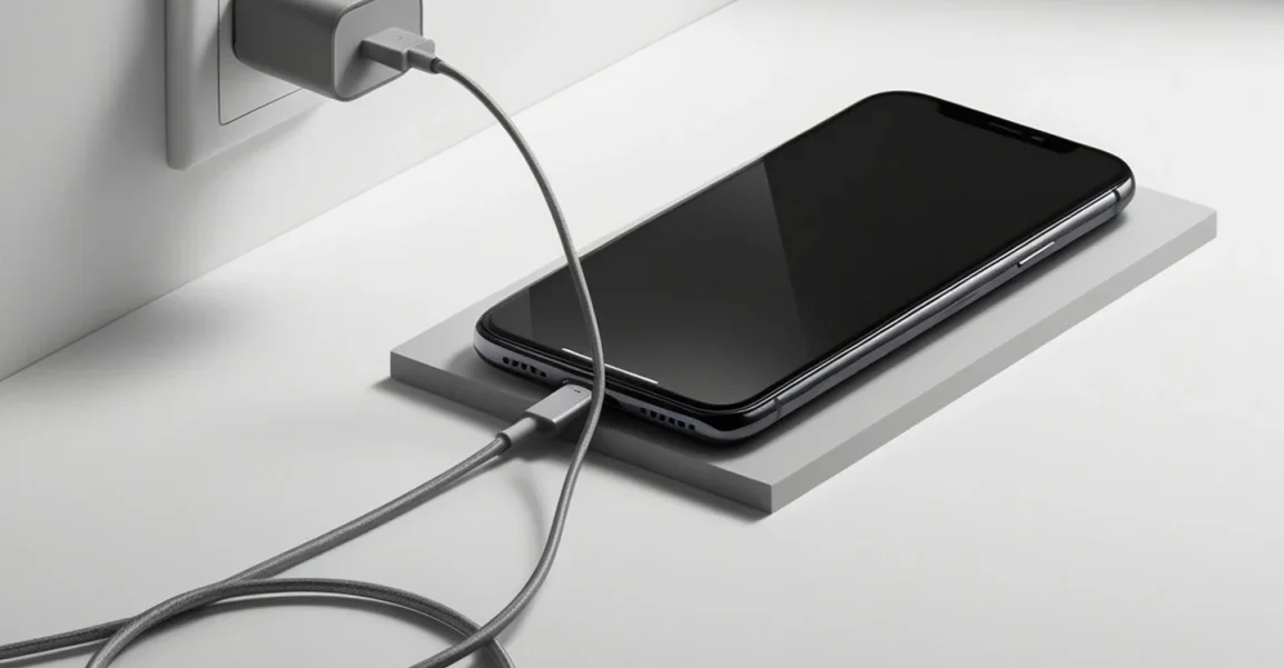 Smartphone charging on a white desk with a braided cable plugged into a wall outlet viewport section.