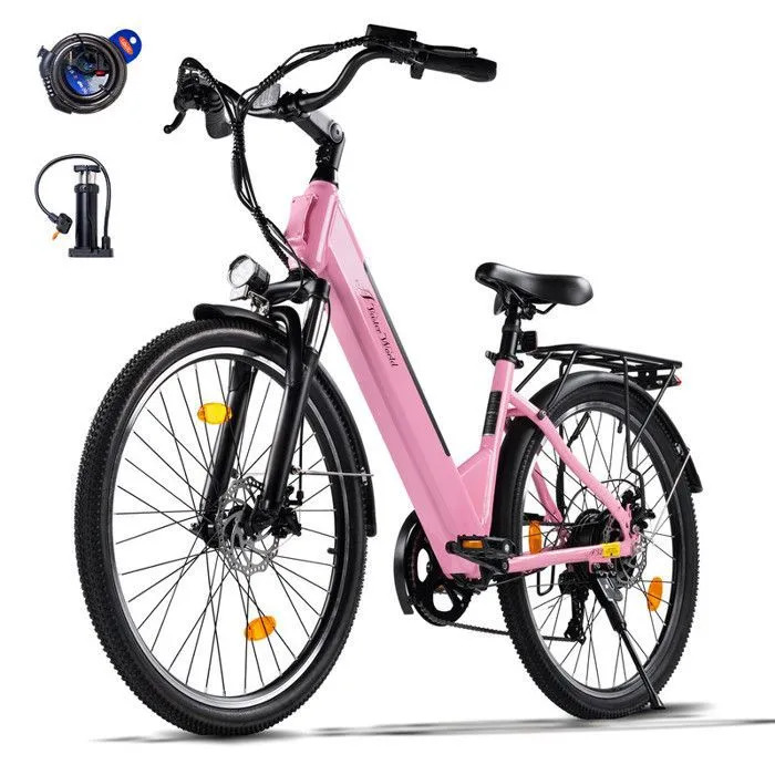 Bicicleta eléctrica AVDLEU-A32-rosa de 26" - Motor de 250 W - Batería de 36 V/12,8 Ah