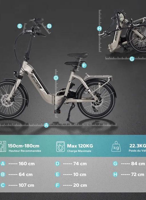 Bicicleta eléctrica plegable SPATIAL, motor de 500 W, batería extraíble, autonomía de 30 a 70 km