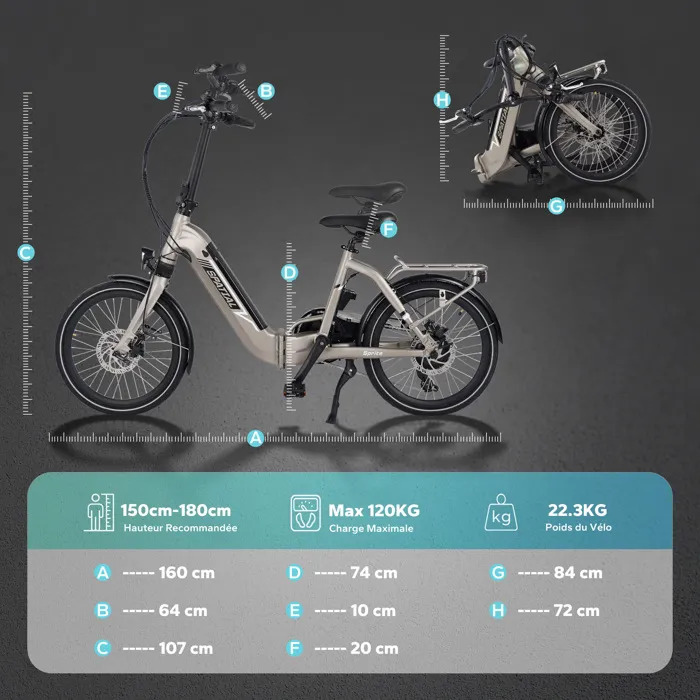 Bicicleta eléctrica plegable SPATIAL, motor de 500 W, batería extraíble, autonomía de 30 a 70 km