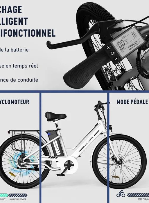 Bicicleta eléctrica COLORWAY de 70 cm (27,5") en color negro - Motor de 250 W