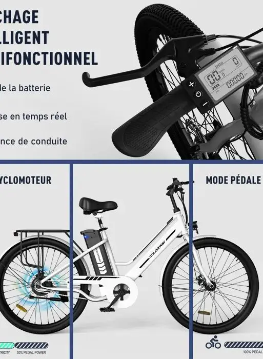 Bicicleta eléctrica COLORWAY de 70 cm (27,5") en color negro - Motor de 250 W