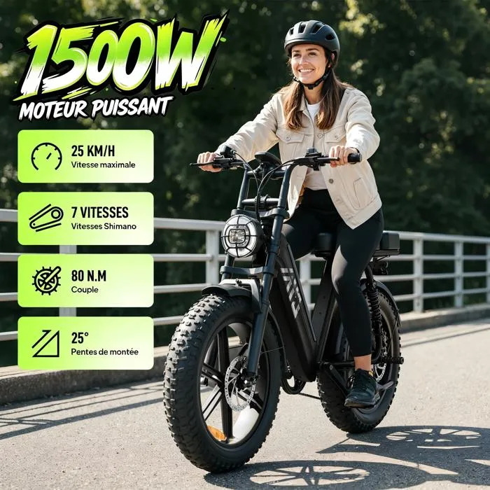 Bicicleta eléctrica para adultos (1500 W de potencia máxima) - Neumáticos anchos de 20" 3 Bicicleta eléctrica para adultos (1500 W de potencia máxima) - Neumáticos anchos de 20" - Imagen 2
