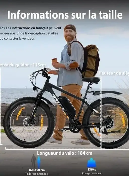 Bicicleta eléctrica SPATIAL de 26"*4, color negro - Motor de 1000 W - Batería de 48 V y 13 Ah